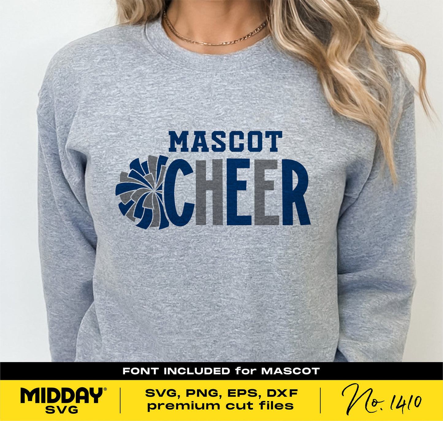 Gray sweatshirt with a 'Mascot Cheer' design featuring a pom pom graphic. Includes SVG, PNG, EPS, and DXF files for Cricut projects.