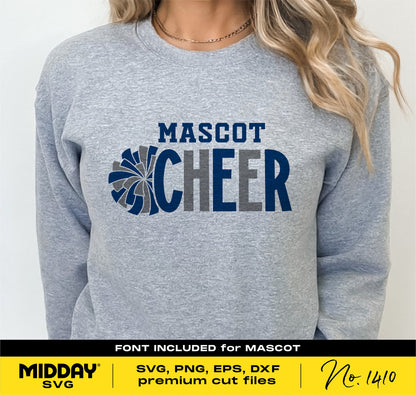 Gray sweatshirt with a 'Mascot Cheer' design featuring a pom pom graphic. Includes SVG, PNG, EPS, and DXF files for Cricut projects.