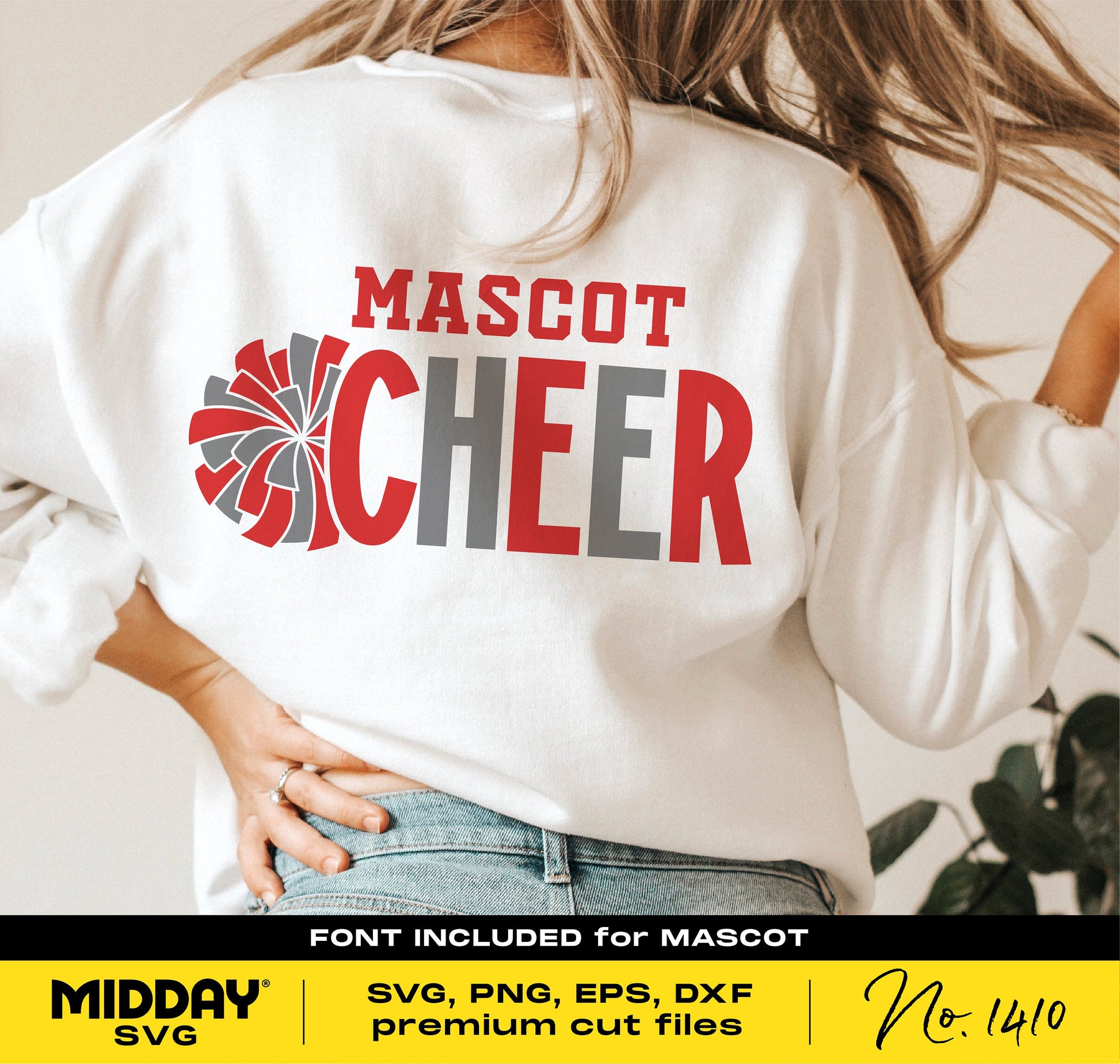 Back view of a shirt with Mascot Cheer team design, featuring pom pom graphic in red and grey, ideal for cheerleading enthusiasts.