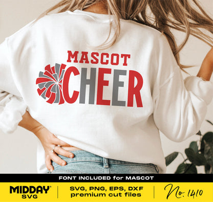Back view of a shirt with Mascot Cheer team design, featuring pom pom graphic in red and grey, ideal for cheerleading enthusiasts.