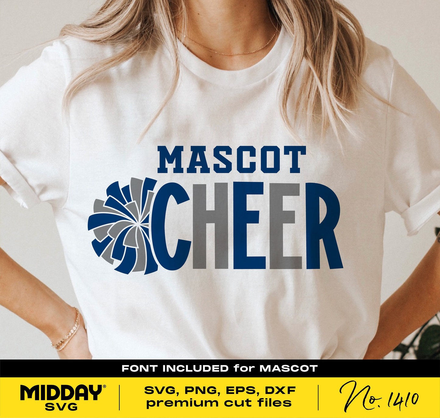 Person wearing a white shirt with 'Mascot Cheer' design, featuring a pom pom graphic, for SVG crafting and DIY cheer designs.
