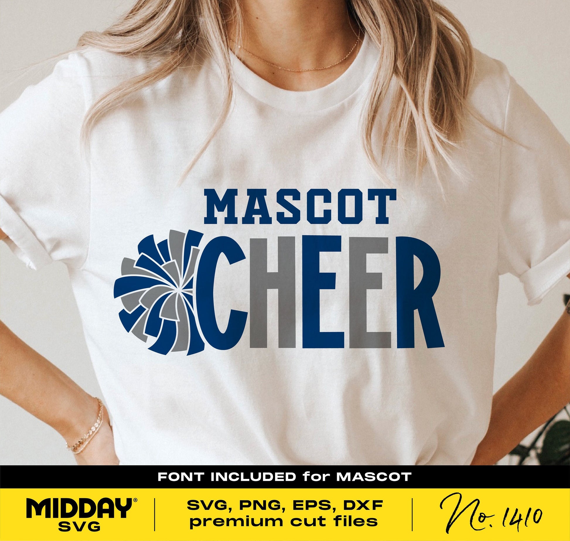 Person wearing a white shirt with 'Mascot Cheer' design, featuring a pom pom graphic, for SVG crafting and DIY cheer designs.