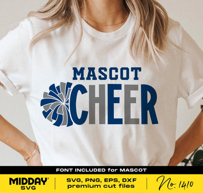 Person wearing a white shirt with 'Mascot Cheer' design, featuring a pom pom graphic, for SVG crafting and DIY cheer designs.