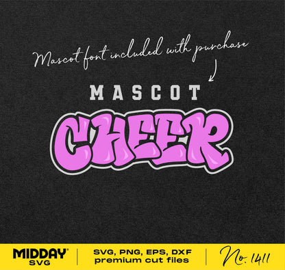 Pink graffiti-style 'Cheer' text design with included mascot font, ideal for cheer team shirts, SVG cut files, and sublimation projects.