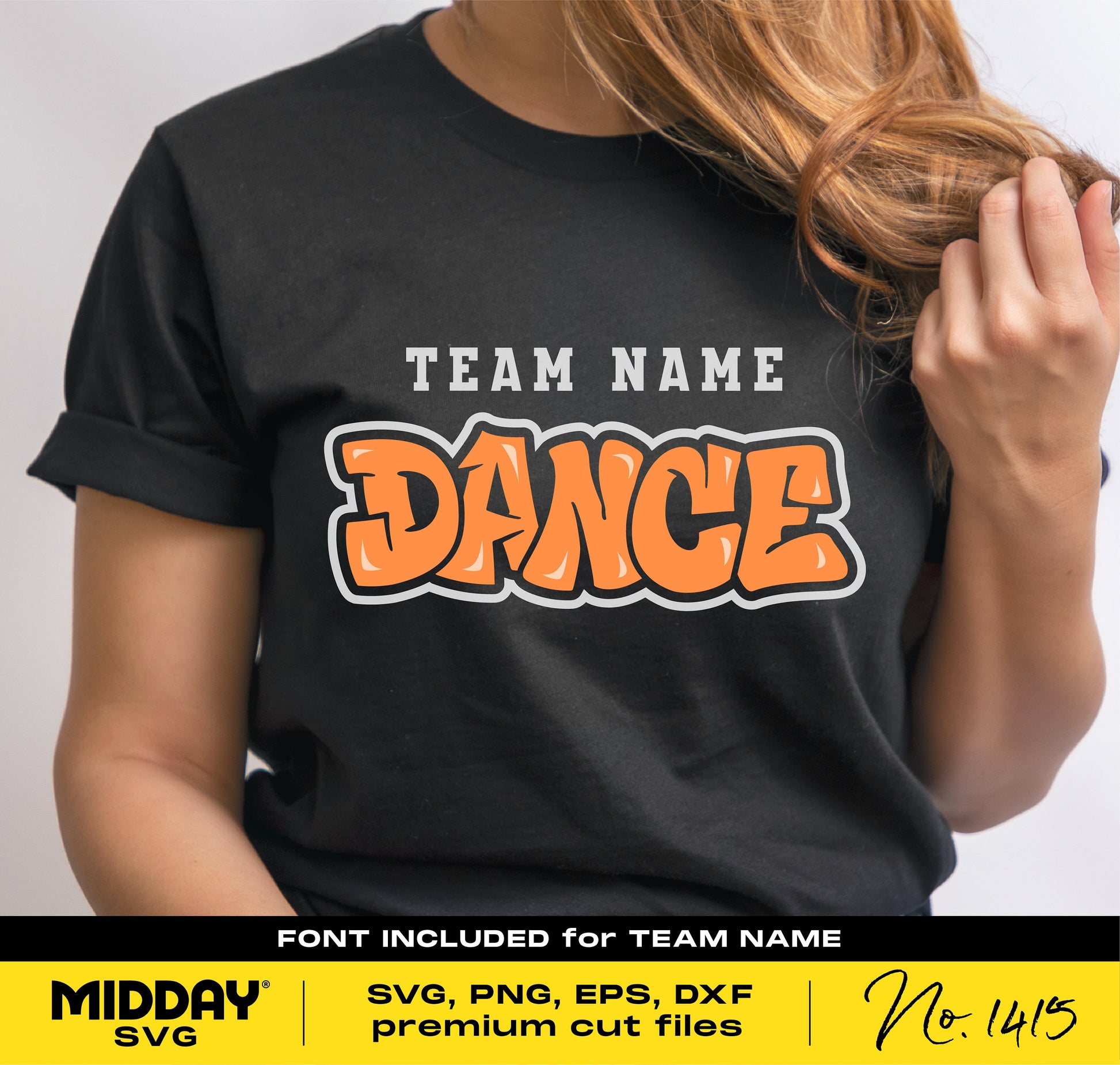 Person wearing a black shirt with 'Team Name Dance' design, featuring bold orange lettering, suitable for DIY dance-themed crafts.