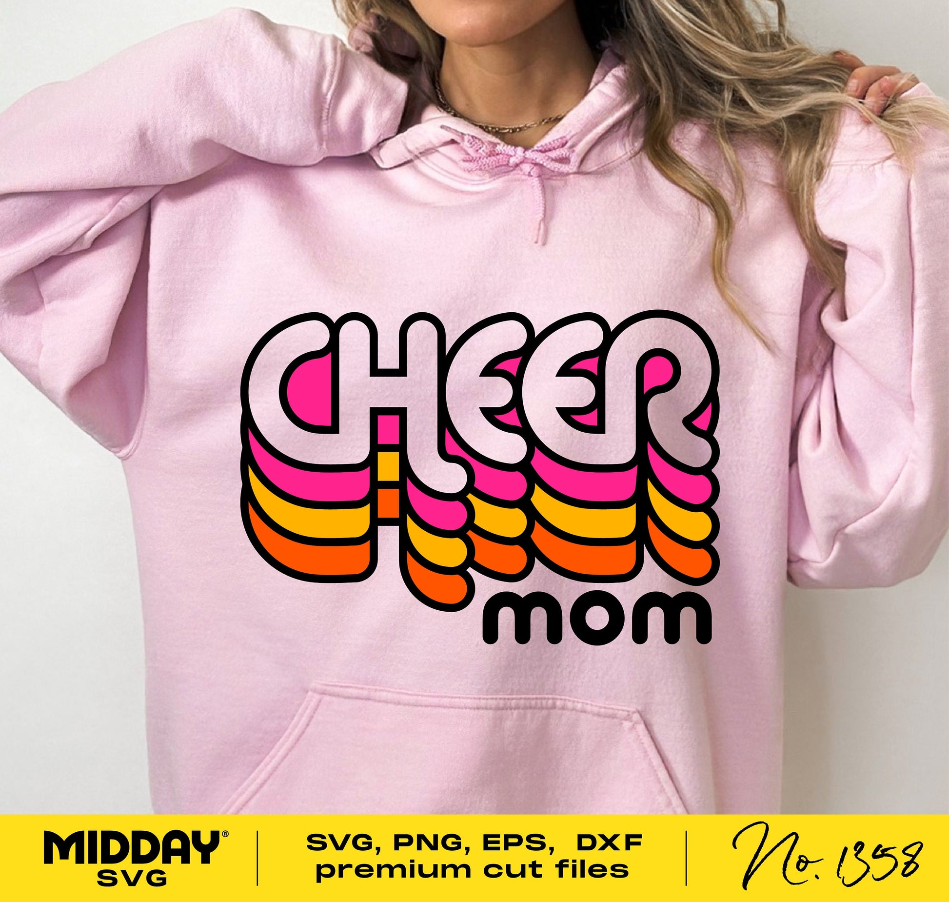 Retro Cheer Mom design on pink hoodie suitable for SVG, Cricut, and sublimation projects.