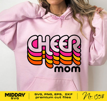 Retro Cheer Mom design on pink hoodie suitable for SVG, Cricut, and sublimation projects.