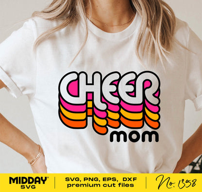 Retro cheer mom design on white shirt, available in SVG, PNG, EPS, and DXF formats for Cricut and sublimation projects.