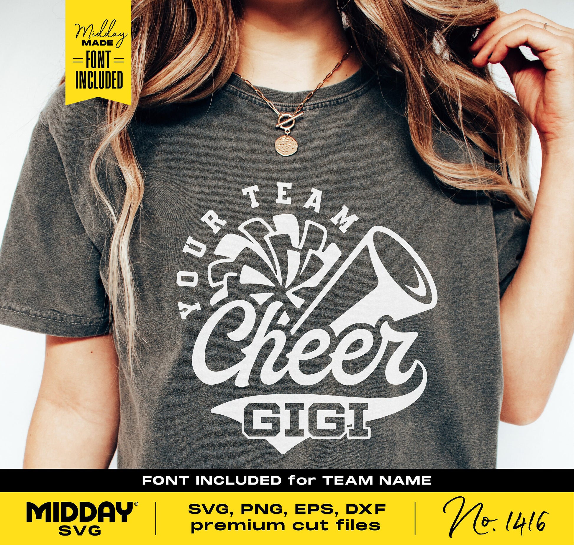 "Cheer Gigi" t-shirt design with megaphone graphic, featuring customizable text options for Cricut, sublimation, and silhouette projects.