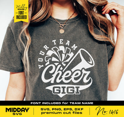 "Cheer Gigi" t-shirt design with megaphone graphic, featuring customizable text options for Cricut, sublimation, and silhouette projects.
