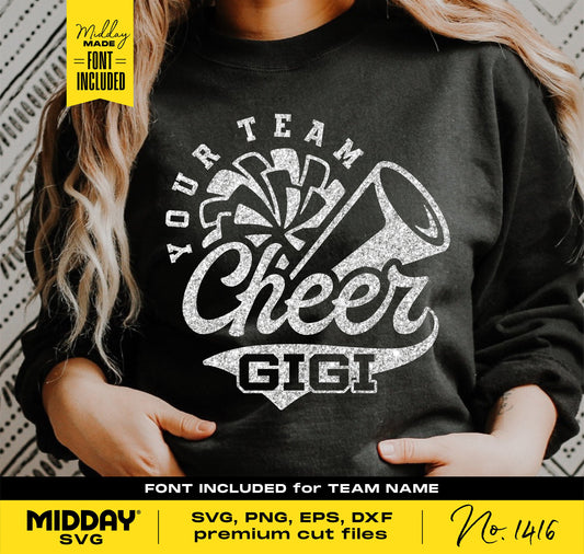 Sweatshirt featuring 'Your Team Cheer Gigi' design with font included, suitable for Cricut and Silhouette projects.