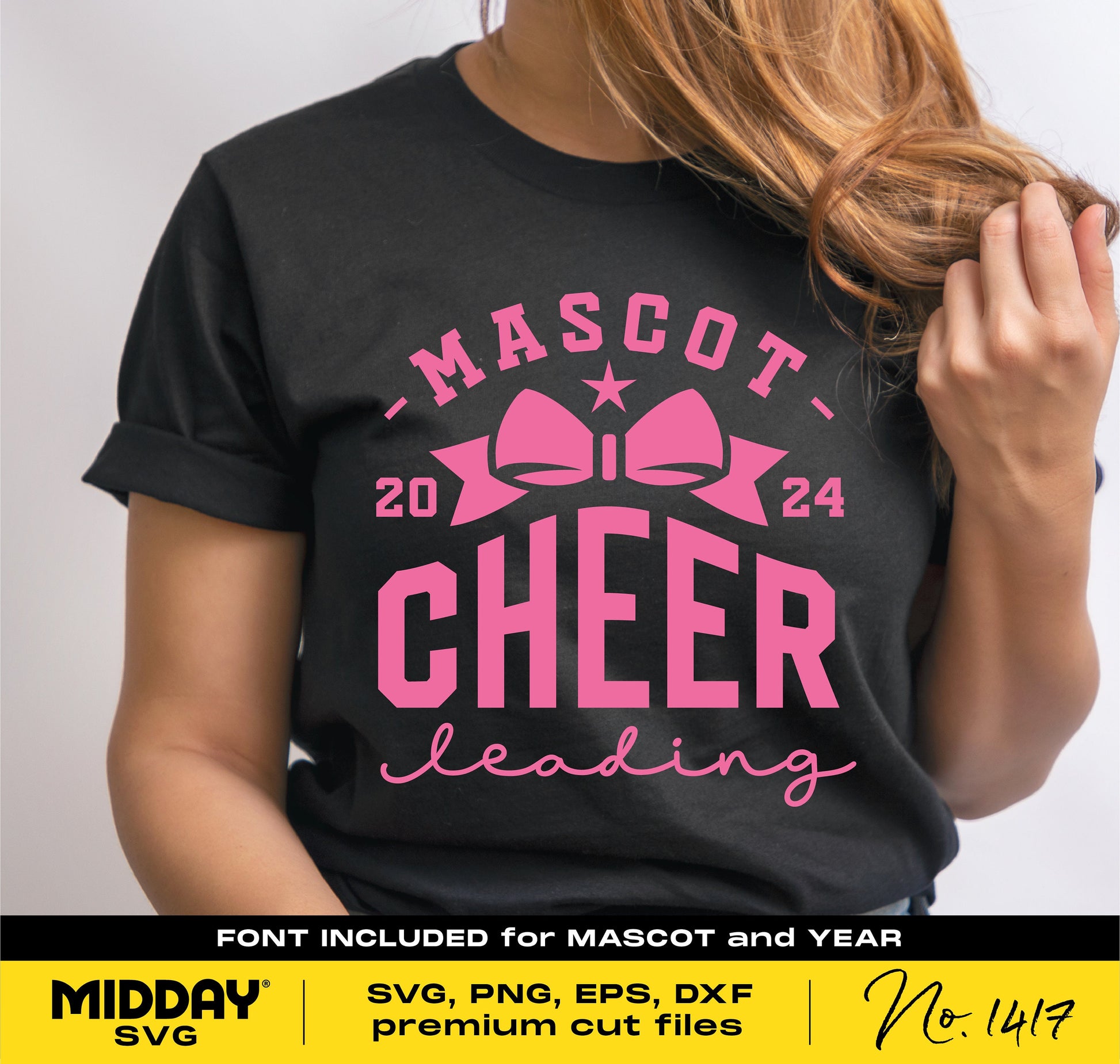 Black t-shirt design with pink cheerleader graphics and text, SVG PNG DXF templates for Cricut, featuring a cheer bow and the word 'CHEER'.