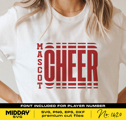 Cheerleader shirt with red 'Mascot Cheer' design, includes SVG, PNG, EPS, DXF files for Cricut and Silhouette crafting.