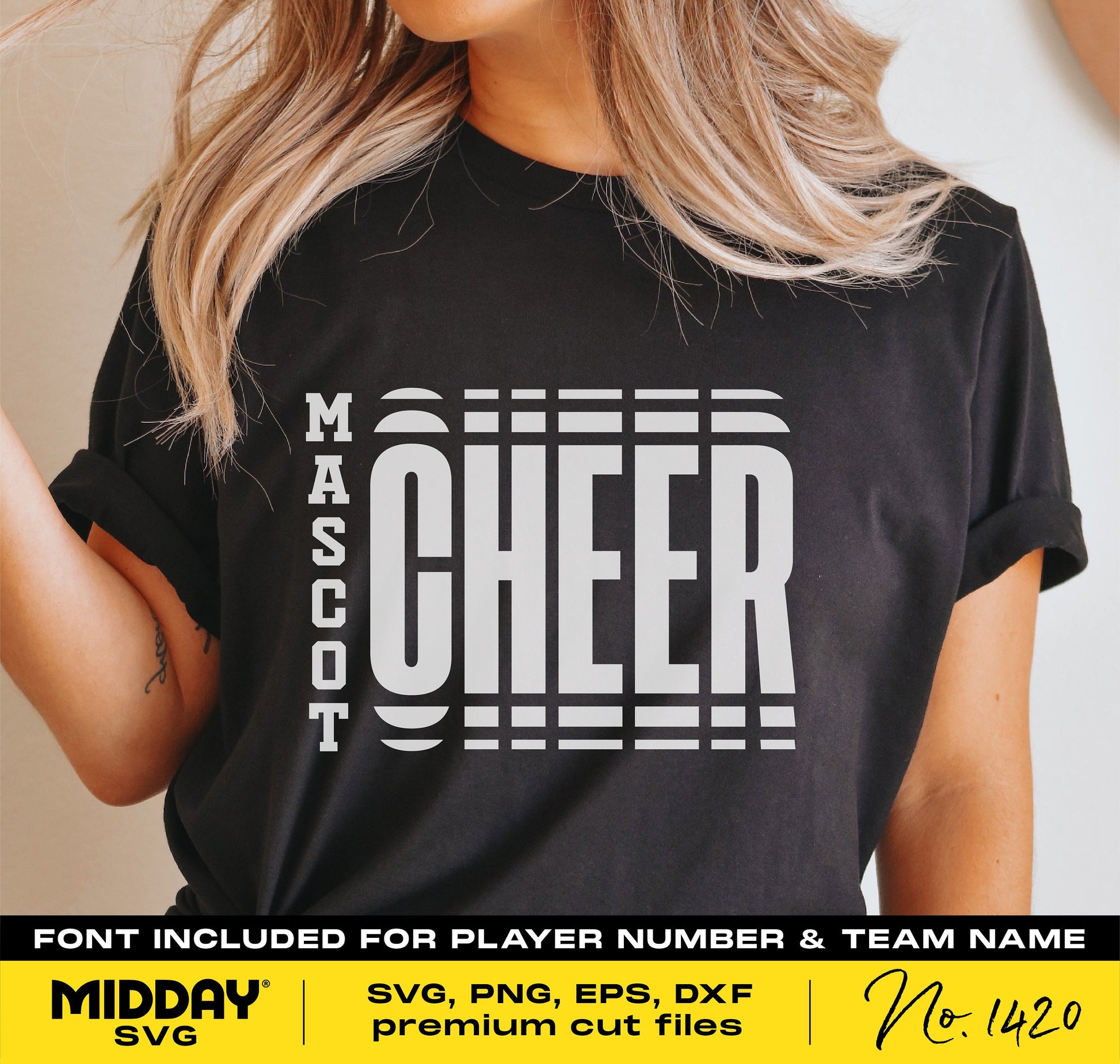 Cheerleading shirt design on black fabric displaying bold text with customizable team and player details, suitable for Cricut and Silhouette.