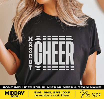 Cheerleading shirt design on black fabric displaying bold text with customizable team and player details, suitable for Cricut and Silhouette.