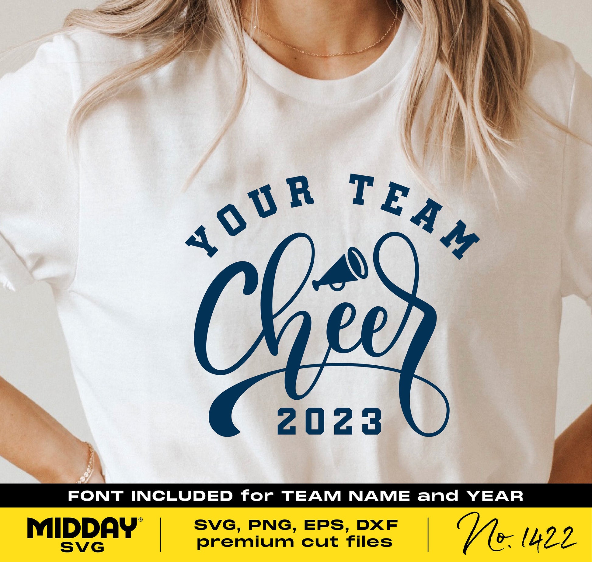Person wearing a white t-shirt featuring "Your Team Cheer 2023" design with megaphone, suitable for Cricut and Silhouette crafting.