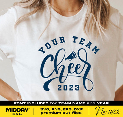 Person wearing a white t-shirt featuring "Your Team Cheer 2023" design with megaphone, suitable for Cricut and Silhouette crafting.