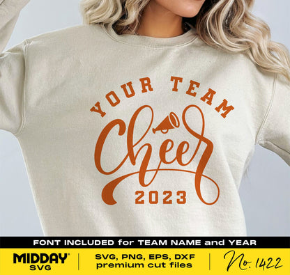 Sweatshirt with "Your Team Cheer 2023" design in orange, featuring a megaphone graphic. Includes SVG, PNG, DXF files for Cricut and Silhouette.