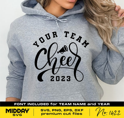 Gray hoodie featuring a customizable Cheer Team SVG design with megaphone and text 'Your Team Cheer 2023,' ideal for Cricut and Silhouette projects.