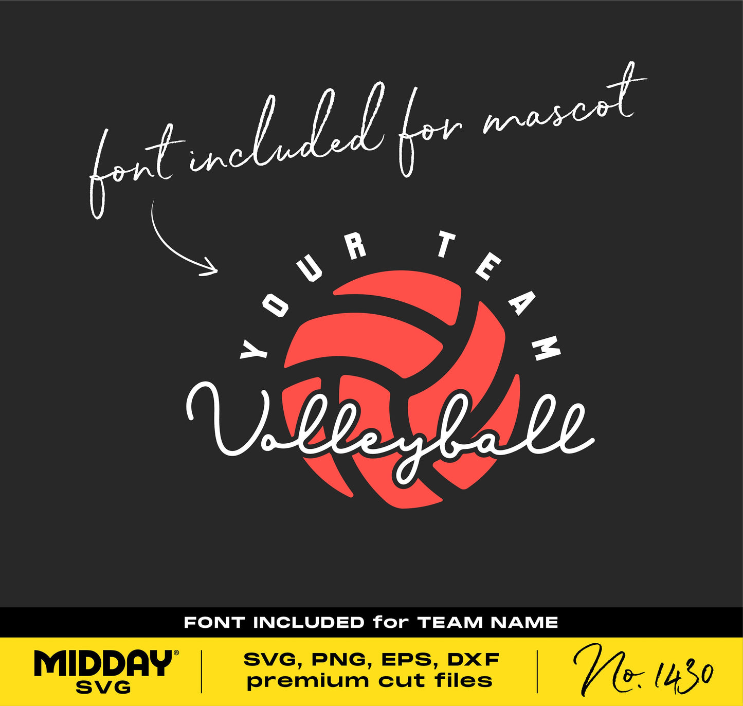 Volleyball team SVG design with red ball and customizable fonts, suitable for Cricut and Silhouette, in SVG, PNG, EPS, DXF formats.