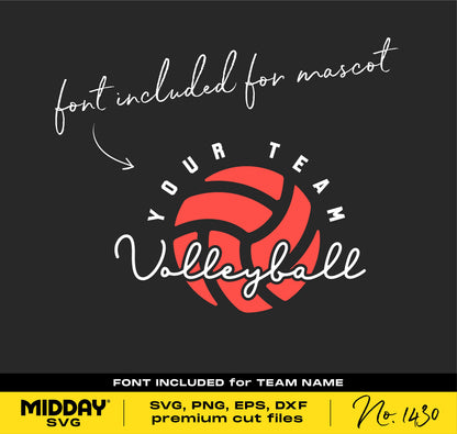 Volleyball team SVG design with red ball and customizable fonts, suitable for Cricut and Silhouette, in SVG, PNG, EPS, DXF formats.