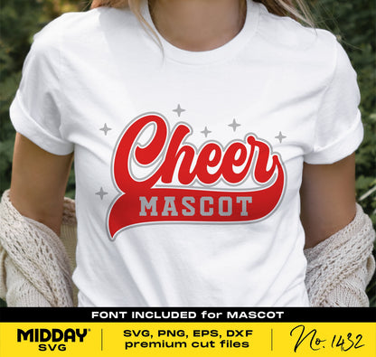 Woman wearing a white t-shirt with 'Cheer Mascot' red text design, perfect for cheerleaders. Includes SVG, PNG, EPS, and DXF files.