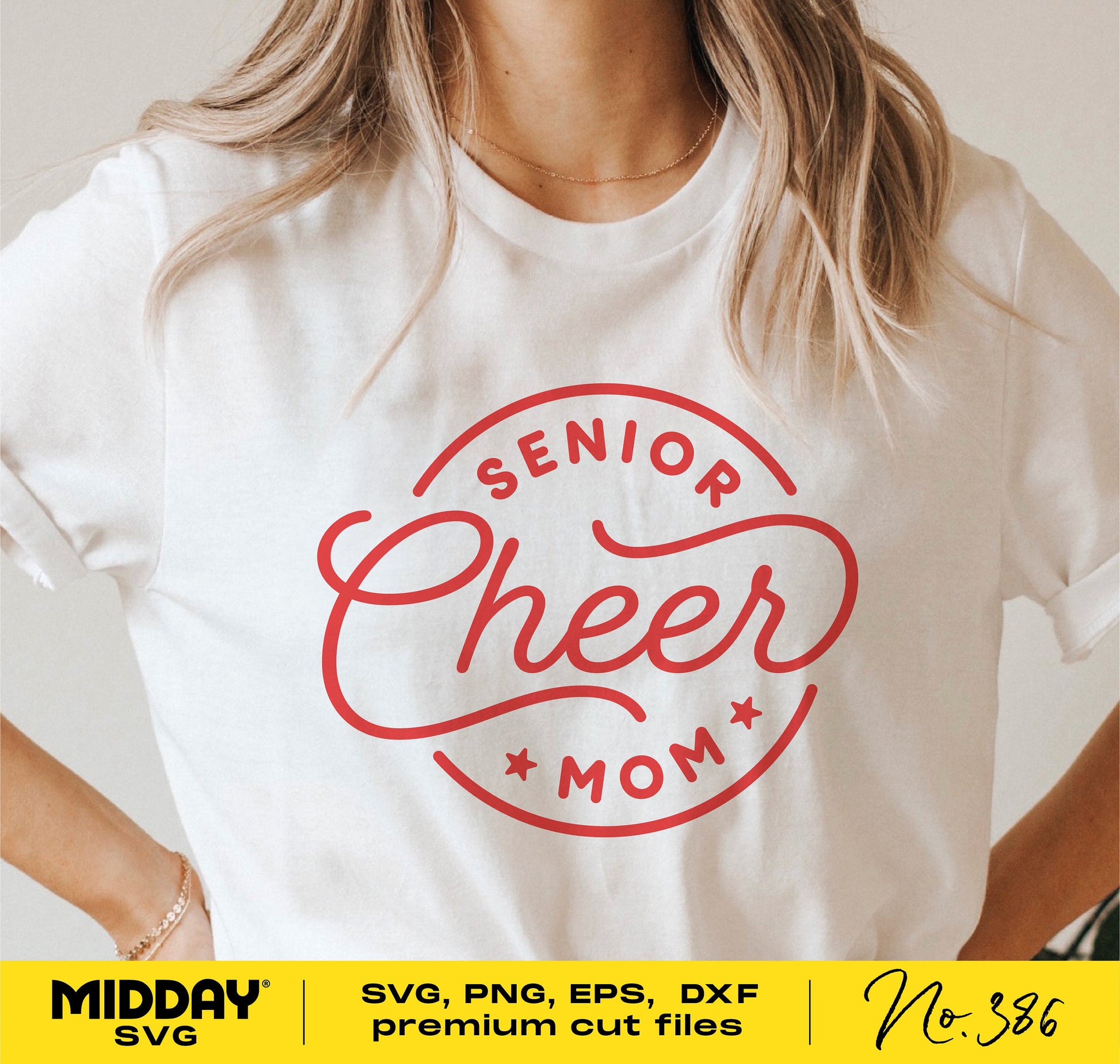 Woman wearing a t-shirt with 'Senior Cheer Mom' design, ideal for Cricut projects, featuring SVG, PNG, EPS, DXF digital cut files.