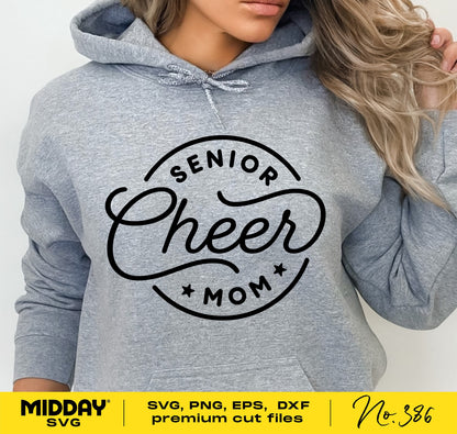 Woman wearing a gray hoodie with Senior Cheer Mom logo, showcasing SVG cut file design for digital download and Cricut projects.