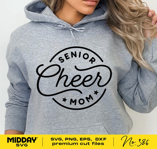 Woman wearing a gray hoodie with Senior Cheer Mom logo, showcasing SVG cut file design for digital download and Cricut projects.
