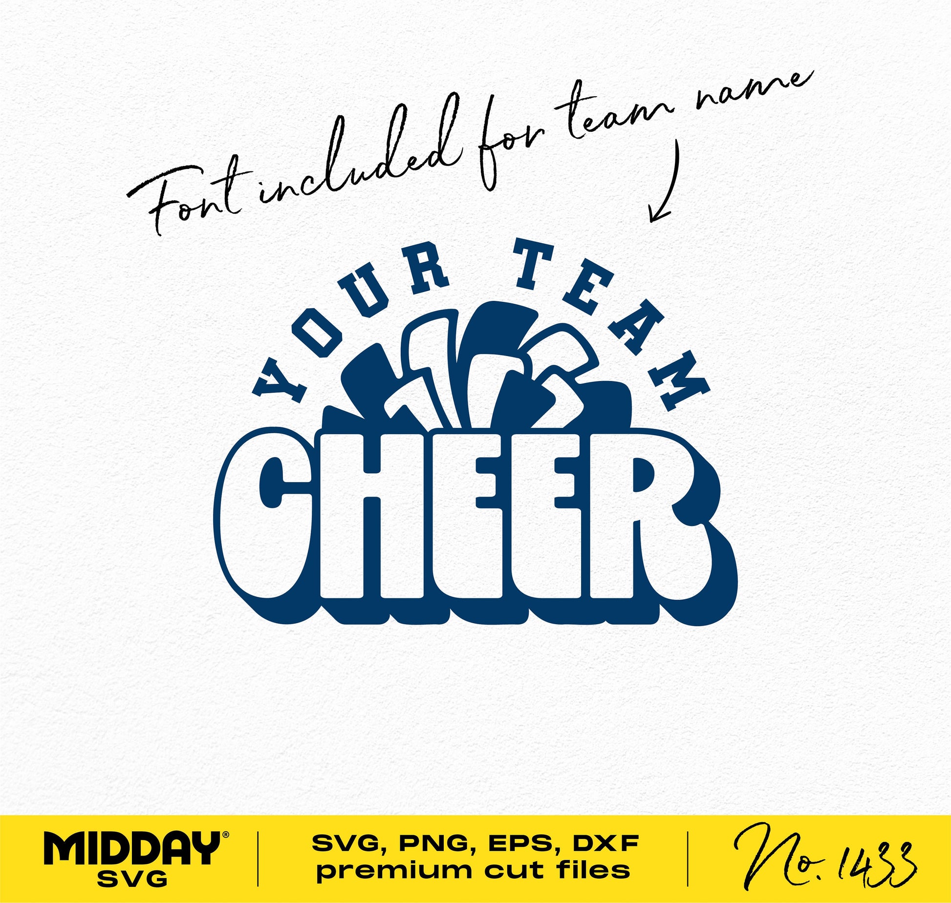 Cheer SVG design with customizable team name, featuring pom-pom graphic for Cricut and Silhouette use, includes font file.