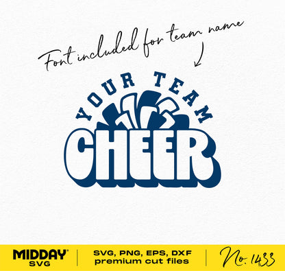 Cheer SVG design with customizable team name, featuring pom-pom graphic for Cricut and Silhouette use, includes font file.