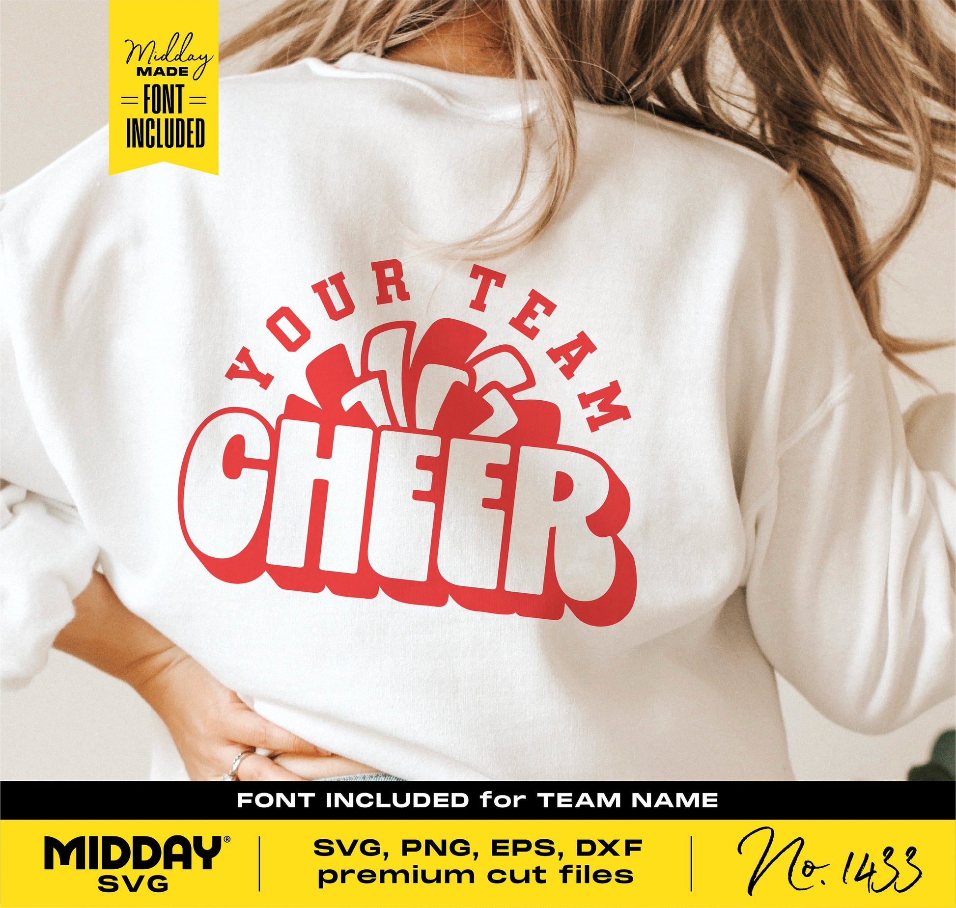 "Cheerleading shirt with customizable team name and pom-pom design, featuring SVG, PNG, EPS, DXF files for Cricut and Silhouette."