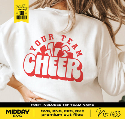 "Cheerleading shirt with customizable team name and pom-pom design, featuring SVG, PNG, EPS, DXF files for Cricut and Silhouette."