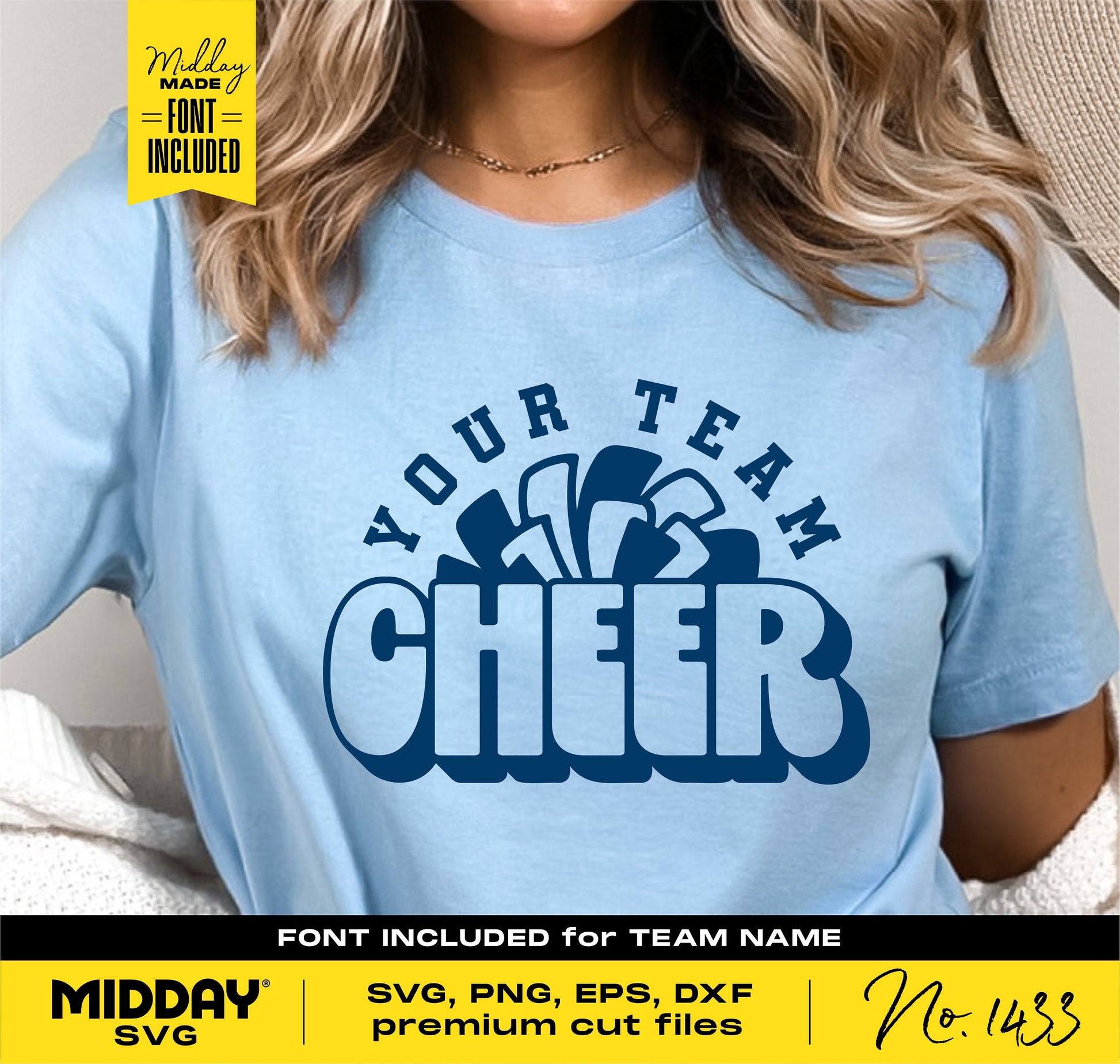 Cheerleader shirt with 'Your Team Cheer' graphic, including SVG, PNG, EPS, DXF formats for Cricut and Silhouette users, font included.