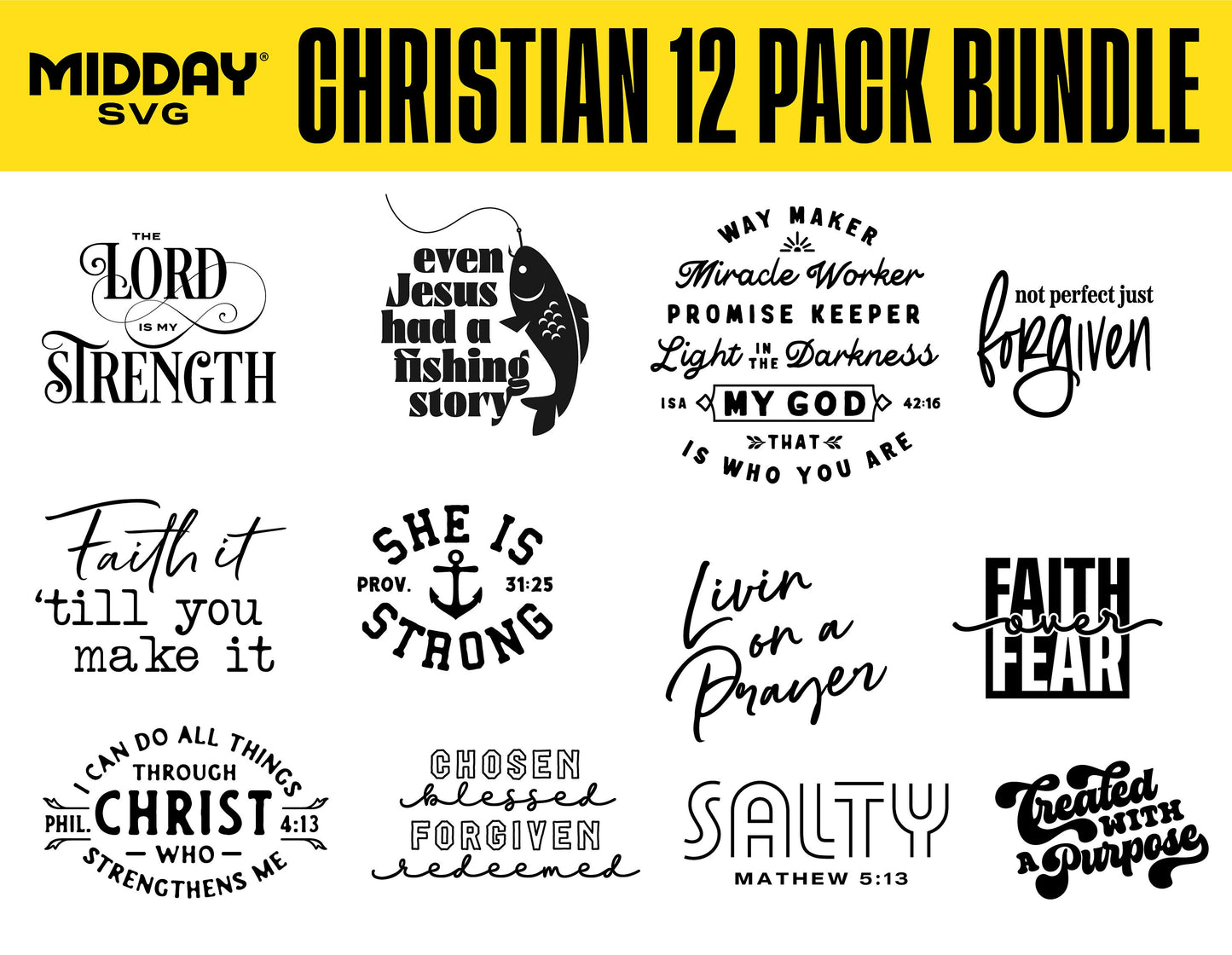 Christian SVG bundle featuring 12 religious designs with Bible verses for Cricut and Silhouette. Includes strength, faith, and prayer themes.