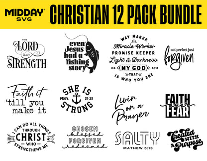 Christian SVG bundle featuring 12 religious designs with Bible verses for Cricut and Silhouette. Includes strength, faith, and prayer themes.