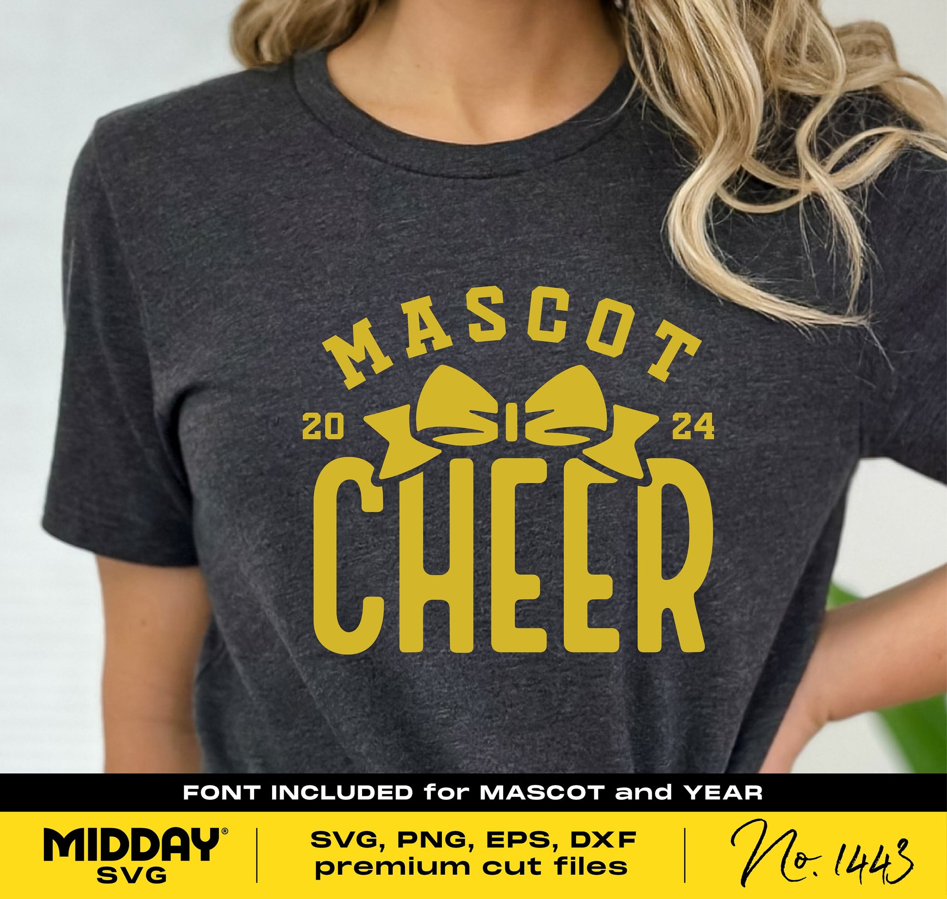 Cheer team shirt design with 2024 mascot and cheer bow in yellow font, available in SVG, PNG, EPS, and DXF formats.
