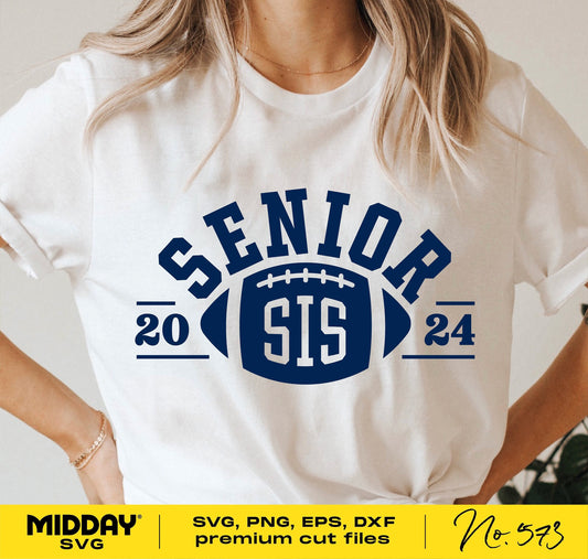 White t-shirt with 'Senior Sis 2024' football design, perfect for varsity football sisters. Available as SVG, PNG, EPS, DXF cut files.