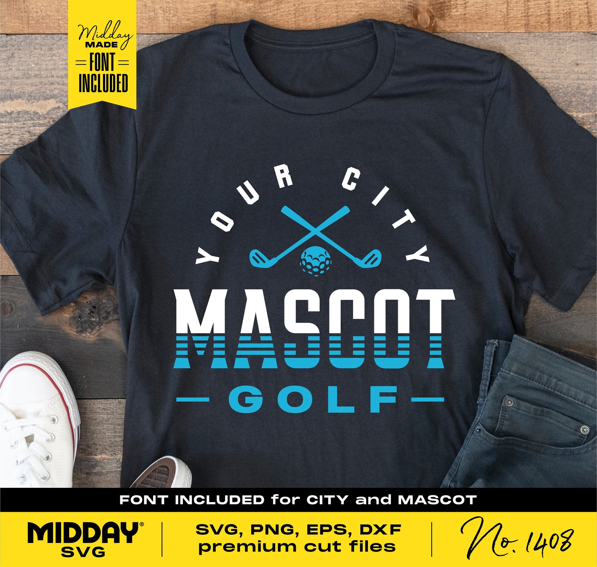 Golf-themed t-shirt design with "Your City Mascot Golf" text, featuring crossed golf clubs. Ideal for SVG, PNG, EPS, DXF formats.