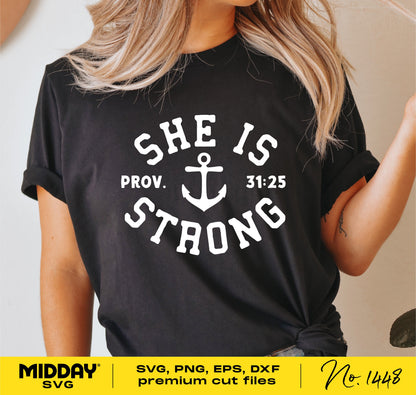 Woman wearing black t-shirt with 'She Is Strong' Prov. 31:25 design, suitable for Cricut and sublimation projects.