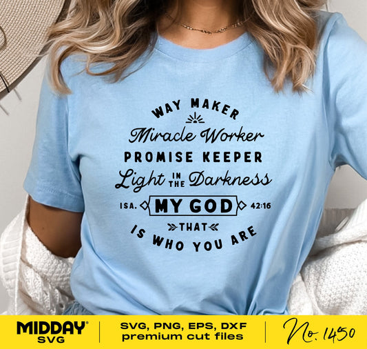 Woman wearing a Way Maker shirt with Christian Bible verse SVG design, ideal for Cricut and sublimation projects.