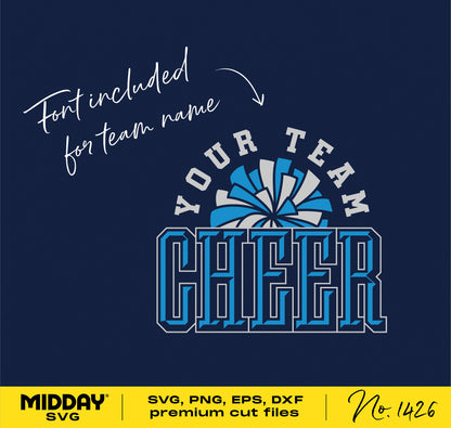 Cheer team shirt design with customizable font, featuring bold blue and white cheer text on a dark background for Cricut projects.