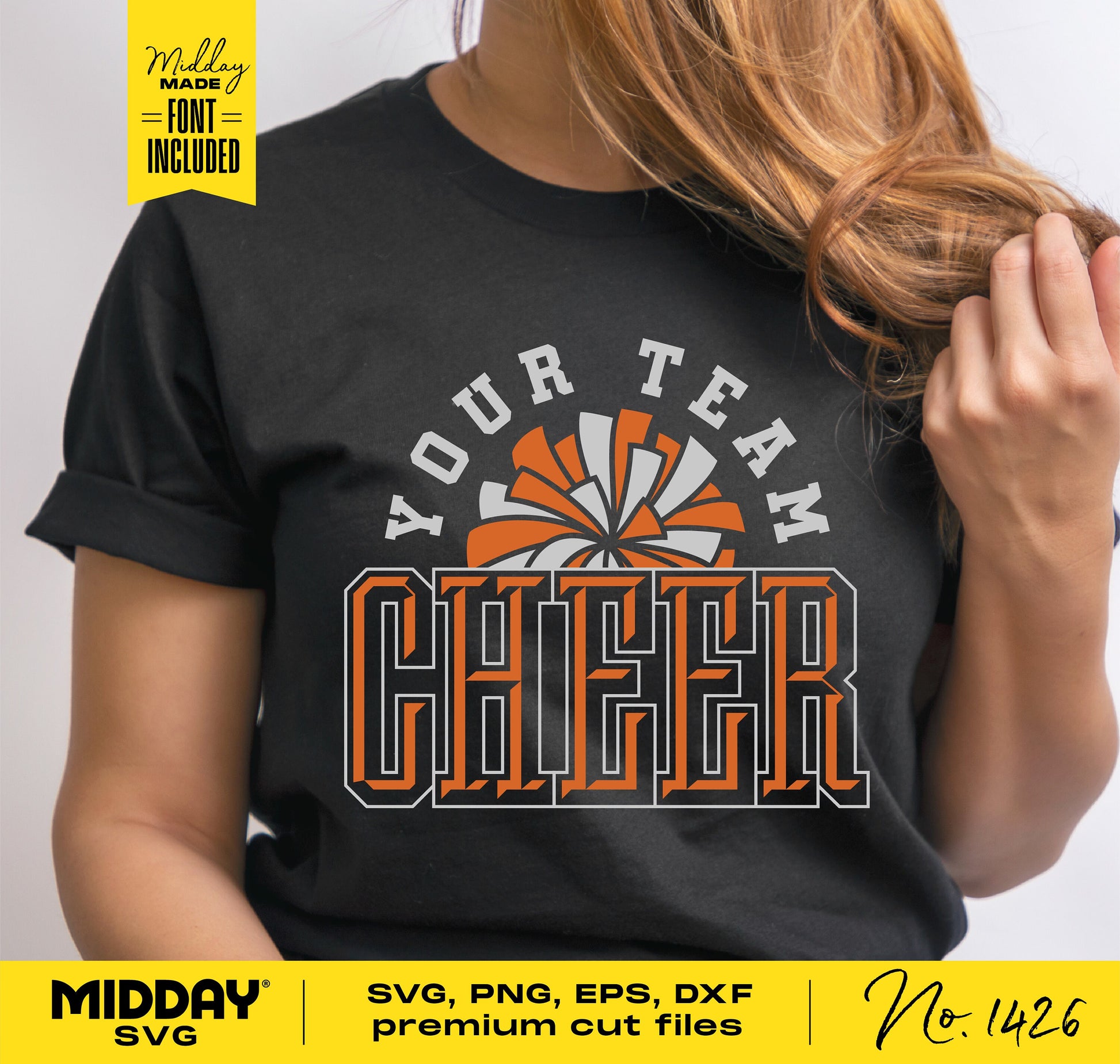 Woman wearing a black t-shirt featuring 'Your Team Cheer' design with bold orange and white text, suitable for DIY projects using SVG, PNG, EPS, DXF files.