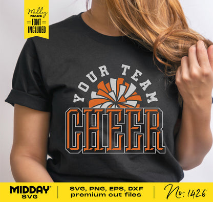 Woman wearing a black t-shirt featuring 'Your Team Cheer' design with bold orange and white text, suitable for DIY projects using SVG, PNG, EPS, DXF files.