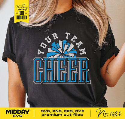 Black shirt with 'Your Team Cheer' SVG design in blue and white, ideal for cheerleader shirt creations using Cricut. Font included.