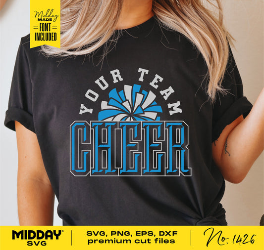 Black shirt with 'Your Team Cheer' SVG design in blue and white, ideal for cheerleader shirt creations using Cricut. Font included.