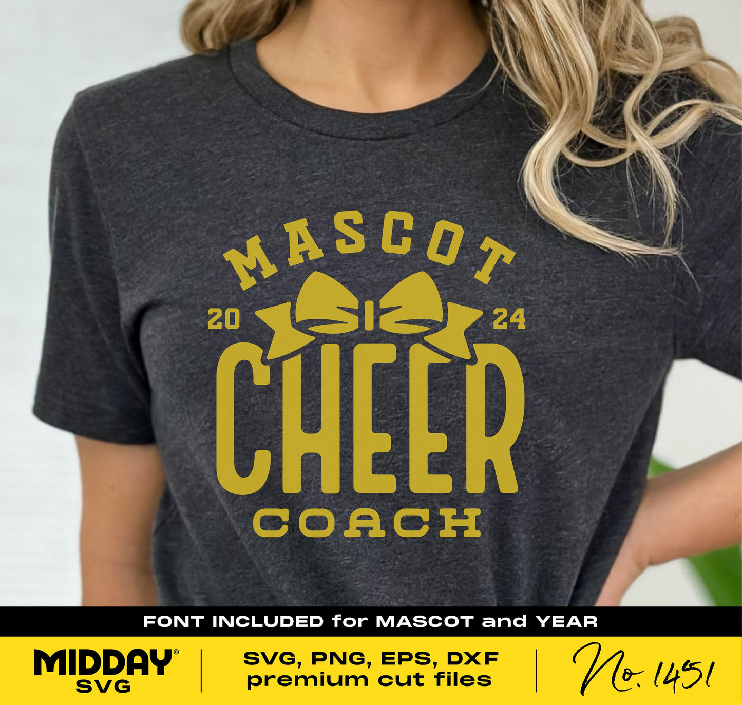 Cheer Coach shirt design with bow and customizable year and mascot, perfect for SVG, PNG, EPS, DXF formats for Cricut and Silhouette.