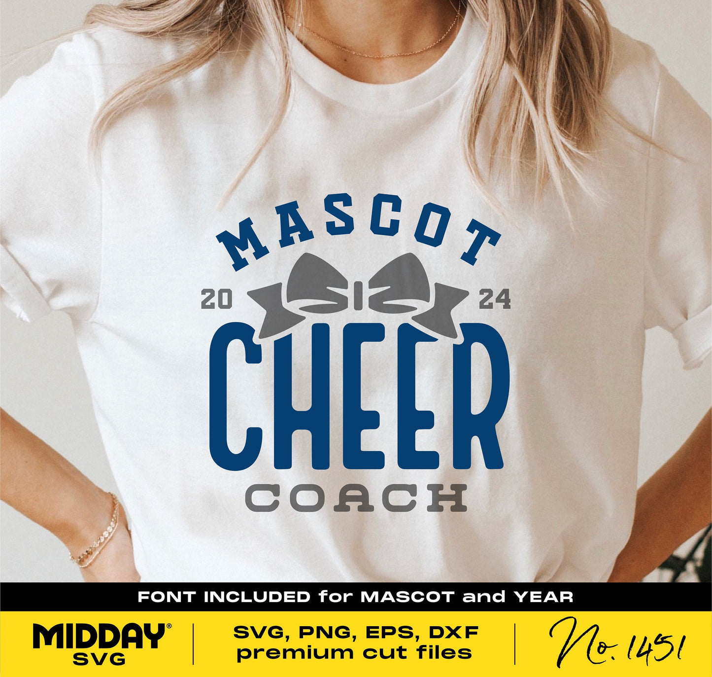 Cheer Coach shirt design with mascot and bow graphic, suitable for Cricut, Silhouette, sublimation with SVG, PNG, EPS, DXF files.