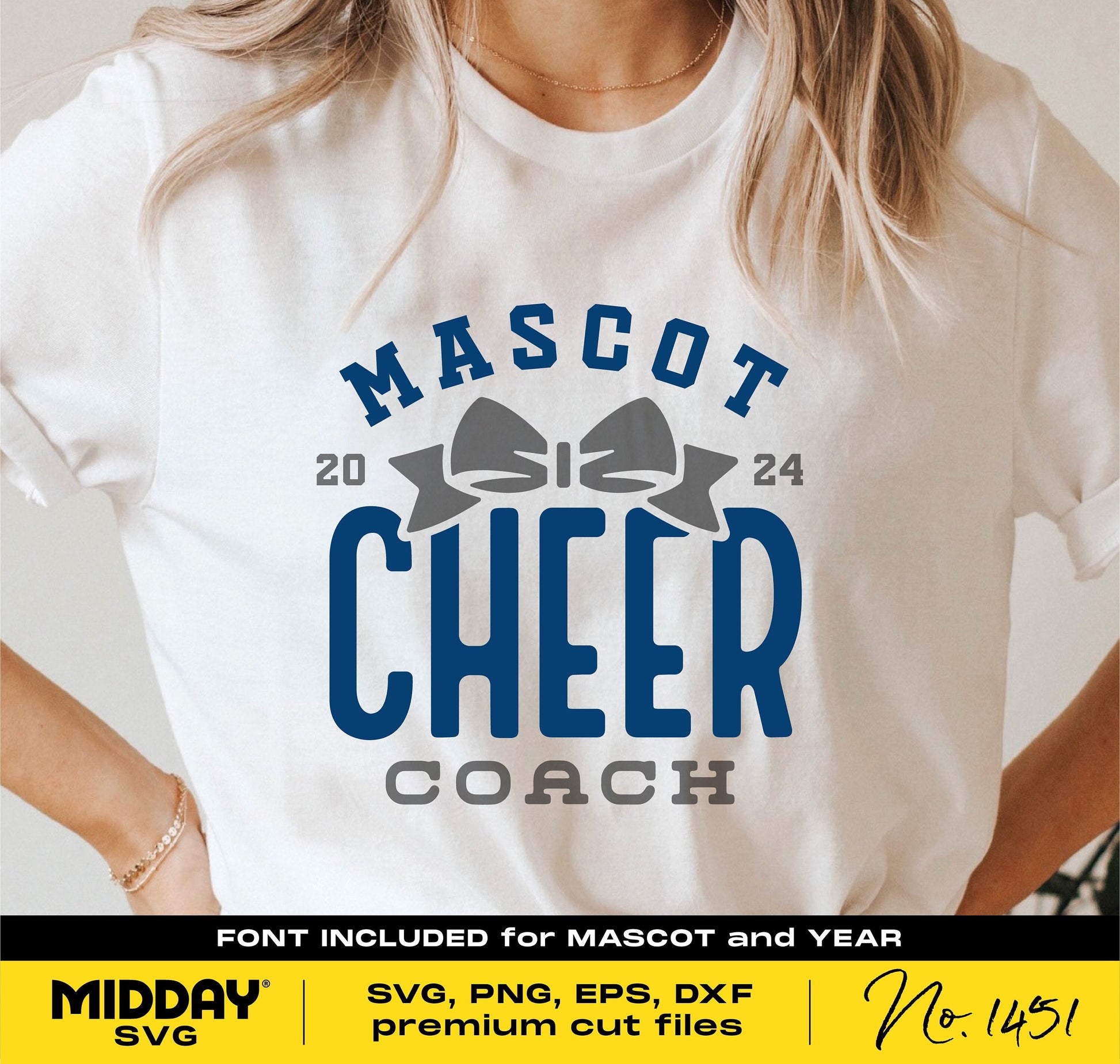 Cheer Coach shirt design with mascot and bow graphic, suitable for Cricut, Silhouette, sublimation with SVG, PNG, EPS, DXF files.