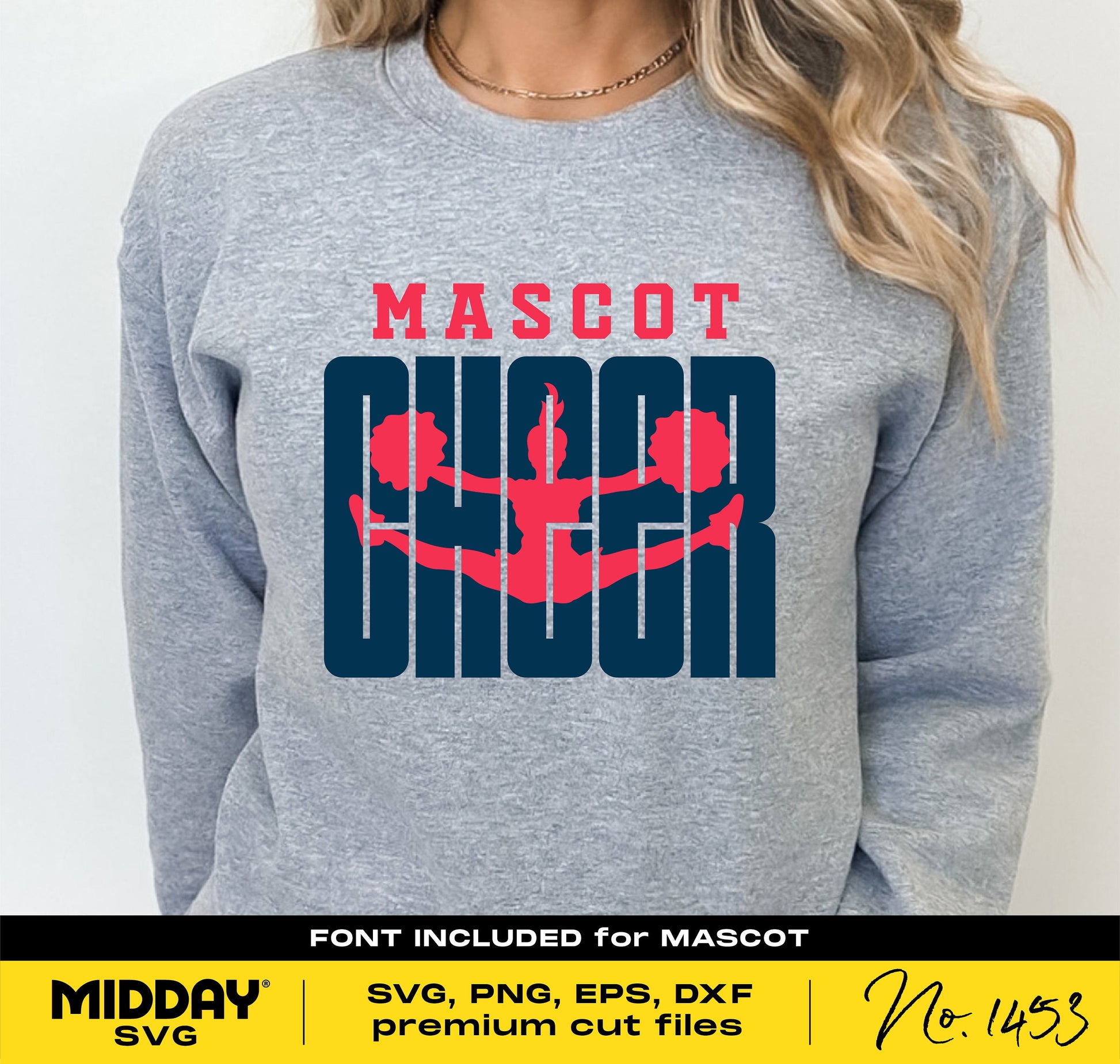 Gray sweatshirt with 'Mascot Cheer' design in red and blue, ideal for cheer team templates, SVG for Cricut and sublimation projects.